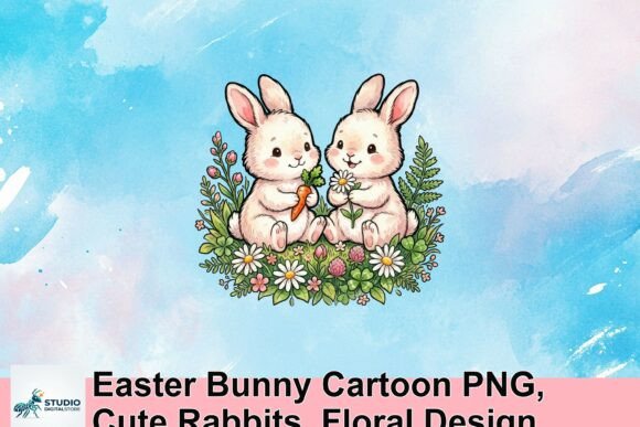 Download Easter Bunny Cartoon PNG, Cute Rabbits, Floral Design - Design Collection
