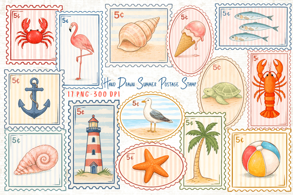 Download Hand Drawn Summer Postage Stamp Clipart - Summer Collection